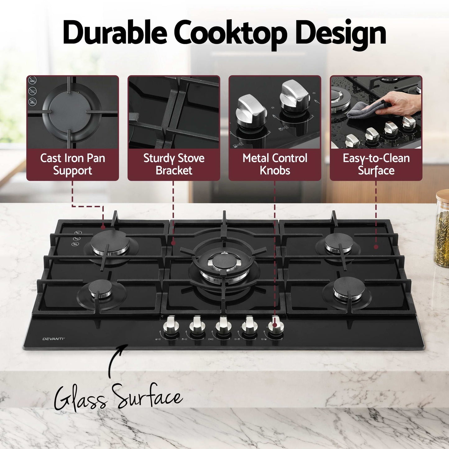 Devanti 90cm Gas Cooktop 5 Burner LPG NG Tempered Glass Hob Black