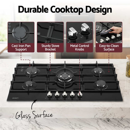 Devanti 90cm Gas Cooktop 5 Burner LPG NG Tempered Glass Hob Black