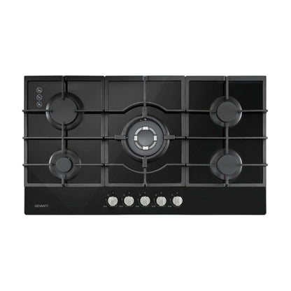 Devanti 90cm Gas Cooktop 5 Burner LPG NG Tempered Glass Hob Black