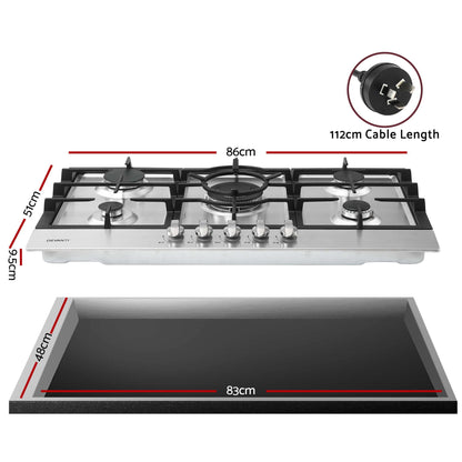 Devanti 90cm Gas Cooktop 5 Burner LPG NG Stainless Steel Hob Silver