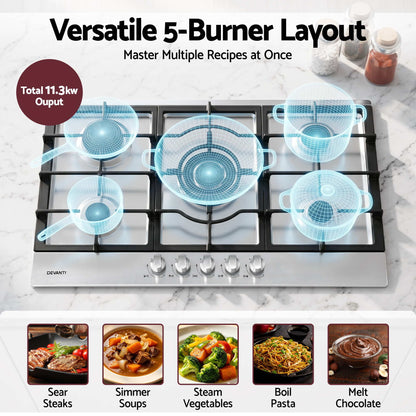 Devanti 90cm Gas Cooktop 5 Burner LPG NG Stainless Steel Hob Silver