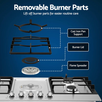 Devanti 90cm Gas Cooktop 5 Burner LPG NG Stainless Steel Hob Silver