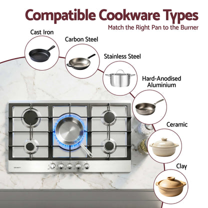 Devanti 90cm Gas Cooktop 5 Burner LPG NG Stainless Steel Hob Silver
