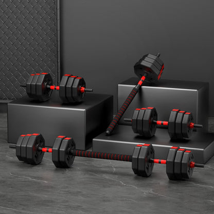 Set of black and red dumbbells on a dark gray surface with a dark background