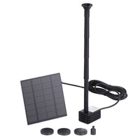 A Gardeon solar pond pump submersible water fountain kit including a solar panel, a water pump, and four spray nozzles.
