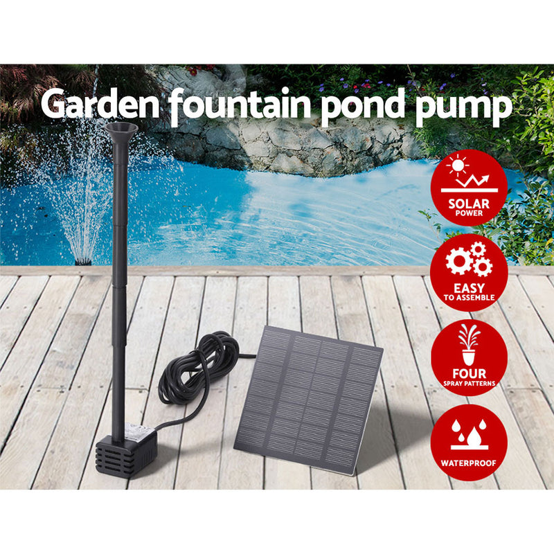 A Gardeon solar pond pump with a submersible water fountain kit, including a solar panel and various nozzles, set against an outdoor background.