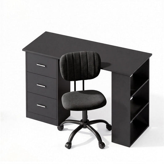Artiss Office Desk & Chair Set 120cm Computer Desk with 3 Drawers & Open Shelves, Ergonomic Armless Office Chair with Wheels, Height Adjustable for Home Office Study