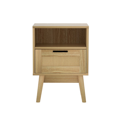 Artiss Rattan Bedside Table 1 Drawer with Shelf - REI Oak