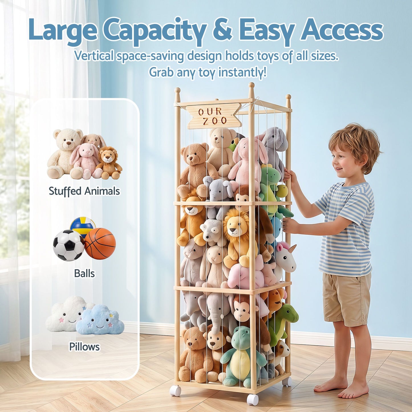 Keezi Stuffed Animal Storage Wooden Toy Holder with Wheels Soft Toy Storage Zoo Cage Stuffy Toy Storage Organizers with Elastic Cords for Playroom Bedroom Nursery