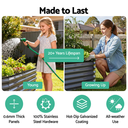 Green Fingers 4 Pcs Raised Garden Bed Kit Oval Galvanized Steel Planter Boxes 240x80x56cm, Heavy Duty Metal Elevated Garden Bed for Vegetables Flowers Herbs, with Safety Edging, Gloves & Pegs Included