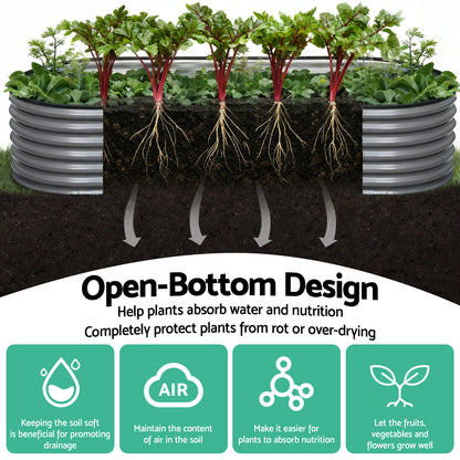Green Fingers 3 Pcs Raised Garden Bed Kit Oval Galvanized Steel Planter Boxes 320x80x56cm, Heavy Duty Metal Elevated Garden Bed for Vegetables Flowers Herbs, with Safety Edging, Gloves & Pegs Included