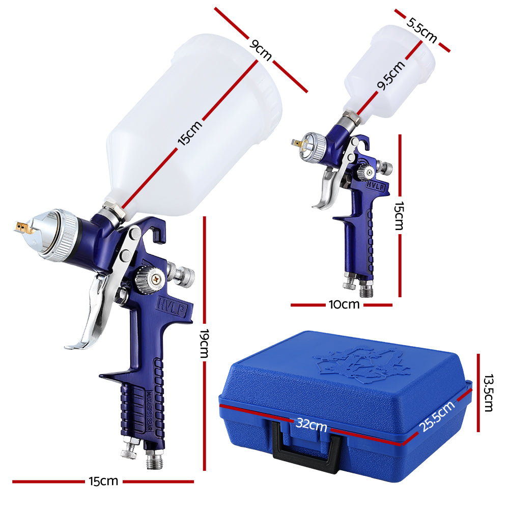 Giantz 2PC HVLP Spray Gun Paint Gun Gravity Feed 0.8mm 1.4,mm Nozzles Included