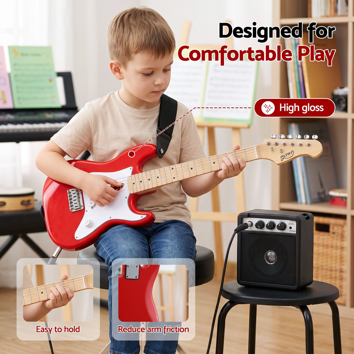 Alpha 30 Inch Junior Electric Guitar Beginner Set with 3W Mini Amp Carry Bag and Accessories Red