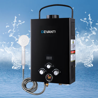 Devanti Portable Gas Water Heater 8L/Min LPG System Black