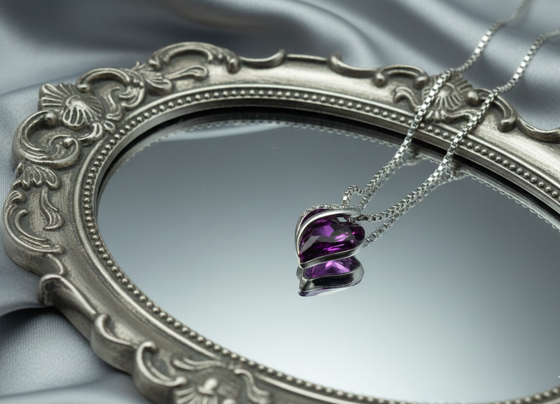 Silver necklace with a purple heart pendant on a gray fabric background