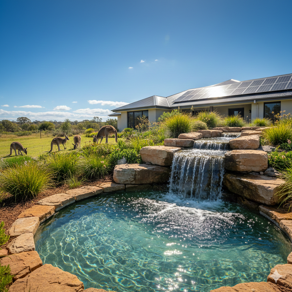 Pond with waterfall in front of a house with solar panels on the roof, surrounded by grass and trees.