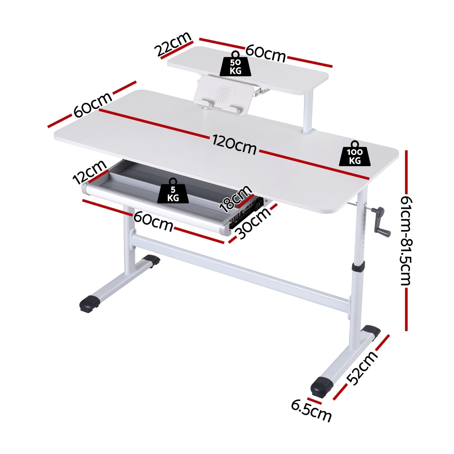 Artiss Manual Standing Desk Height Adjustable Workstation Computer Desks Study 120CM White