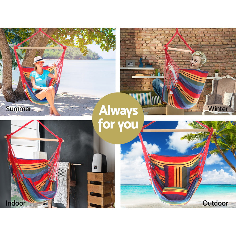 Gardeon Hammock Chair Outdoor Camping Hanging Hammocks Cushion Pillow Rainbow