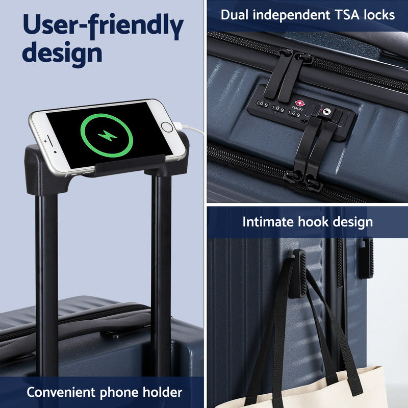 Wanderlite 20" Luggage Suitcase Front Pocket Travel Carry On Dual TSA Navy