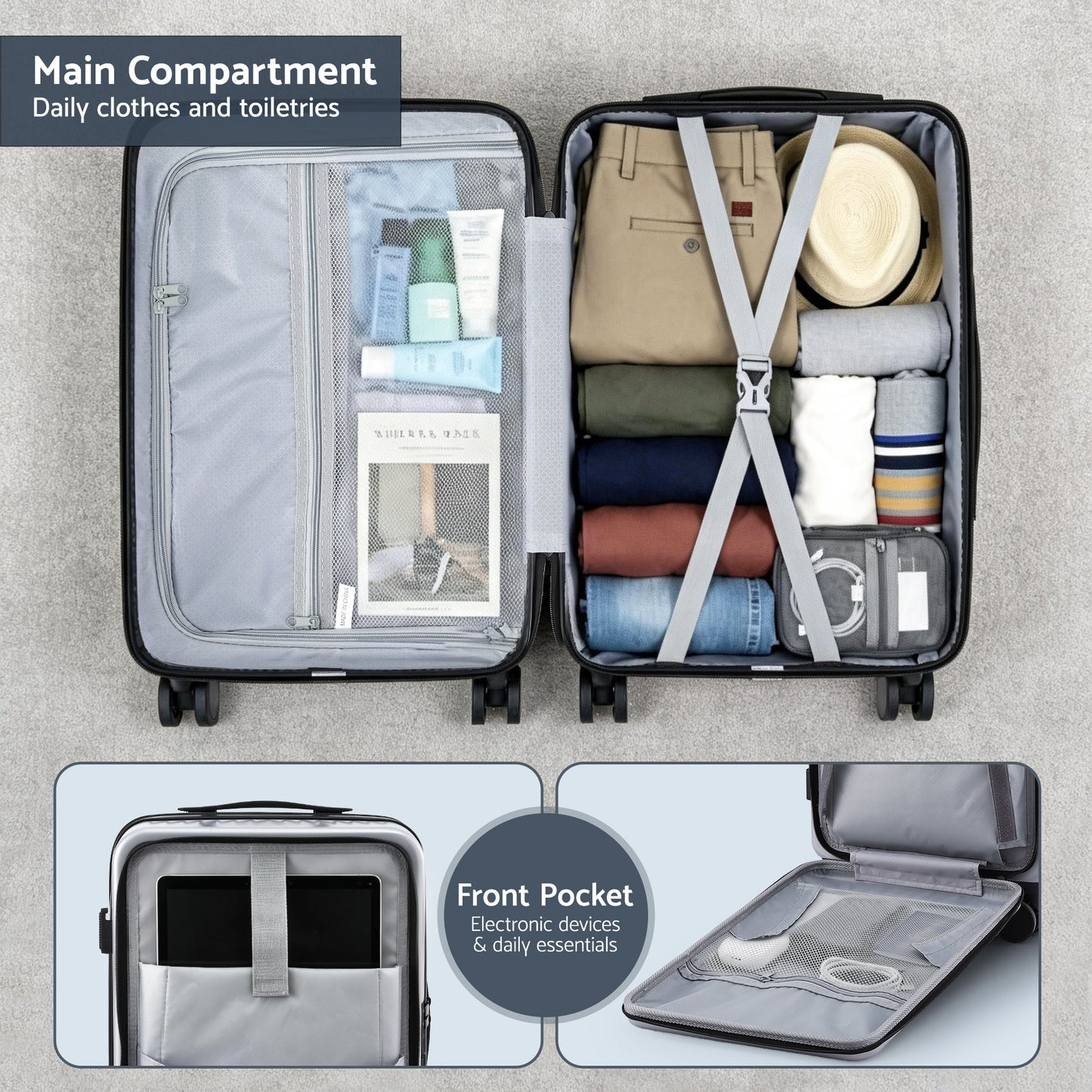 Wanderlite 20" Luggage Suitcase Front Pocket Travel Carry On Dual TSA Silver