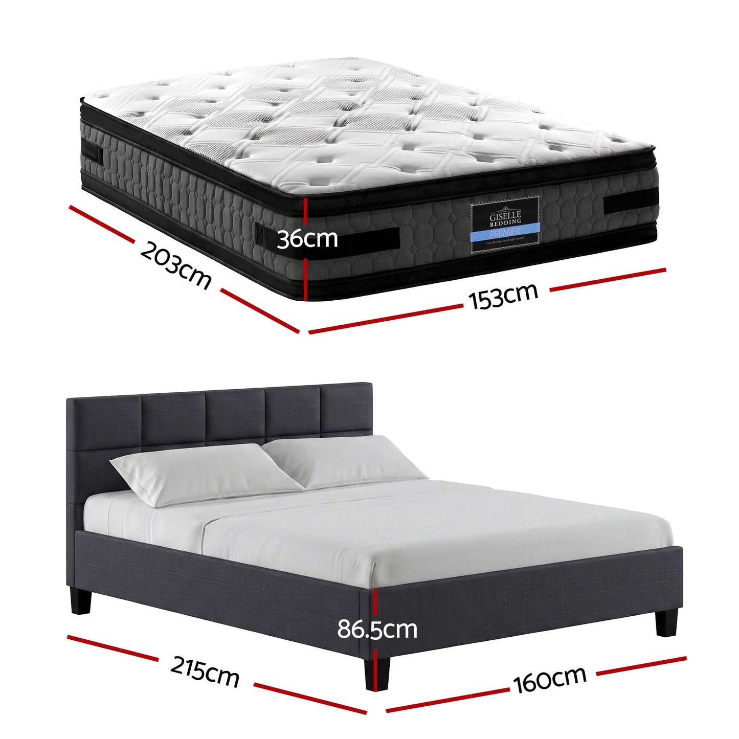 Giselle Mattress & Artiss Queen Bed Frame Bundle, 36cm Double Sided Euro Top Mattress