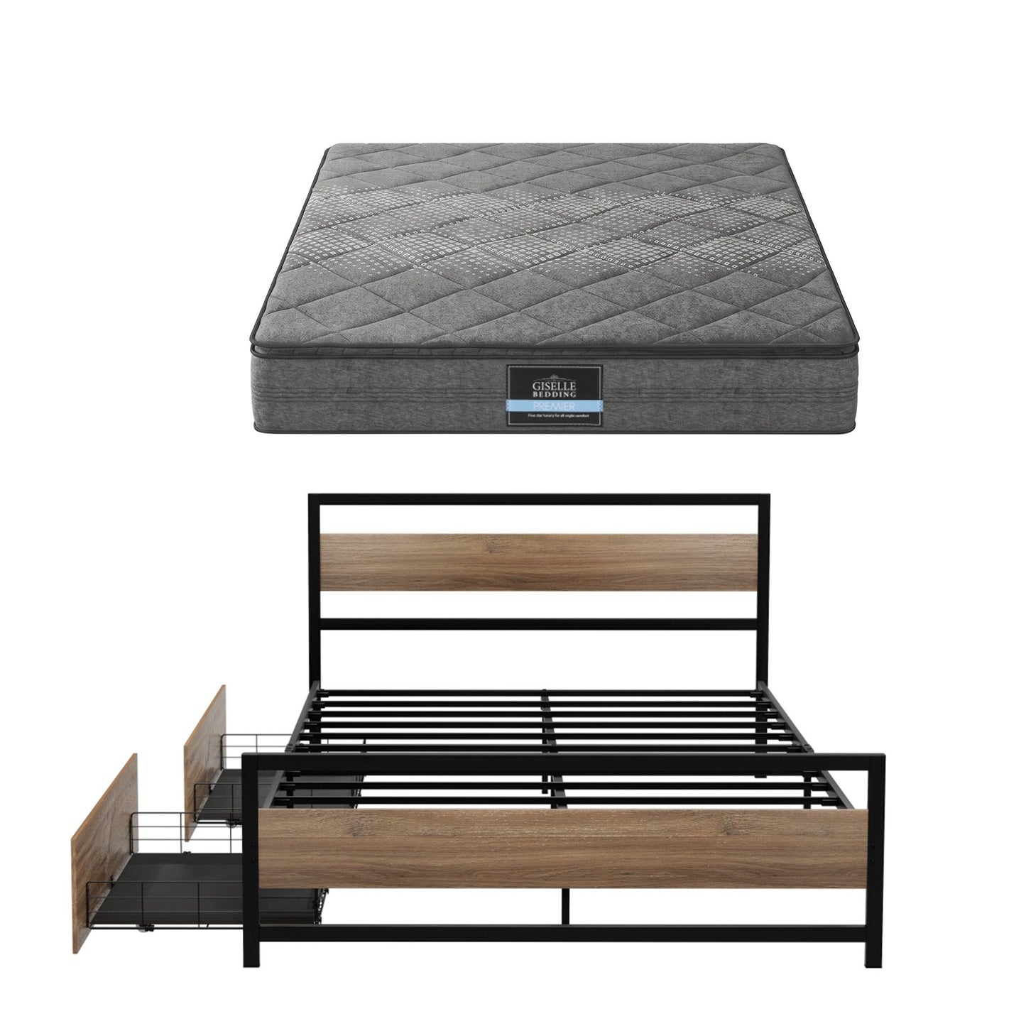 Giselle 18cm Queen Mattress Pillowtop and Artiss Metal Bed Frame Set With 2 drawers