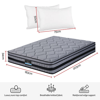 Giselle King 34cm Euro Top Pocket Spring Mattress with 2 Feather Down Pillows Set