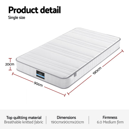 Giselle Single Mattress 20cm with Reinforced Edge Support Egg-Crate Foam