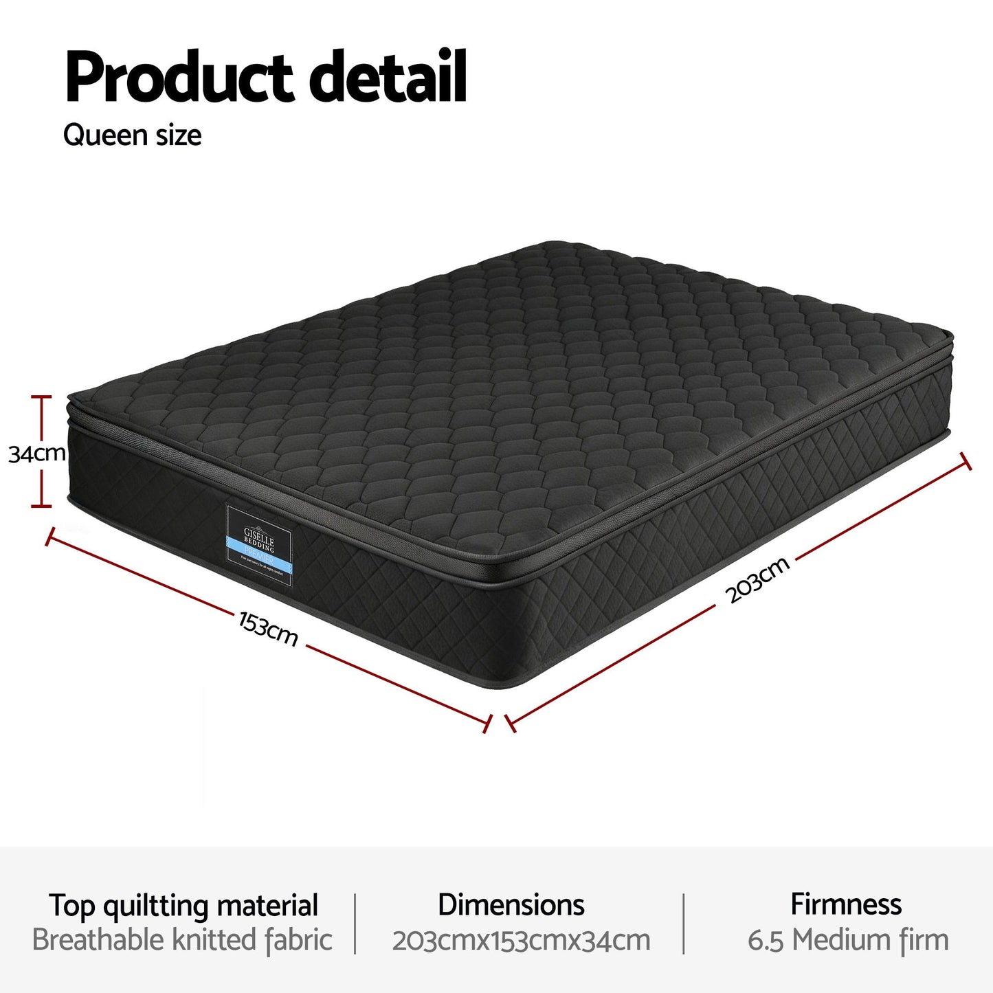 Giselle Bedding Mattress 34cm 5-Zone Pocket Spring Egg-crate Memory Foam Queen