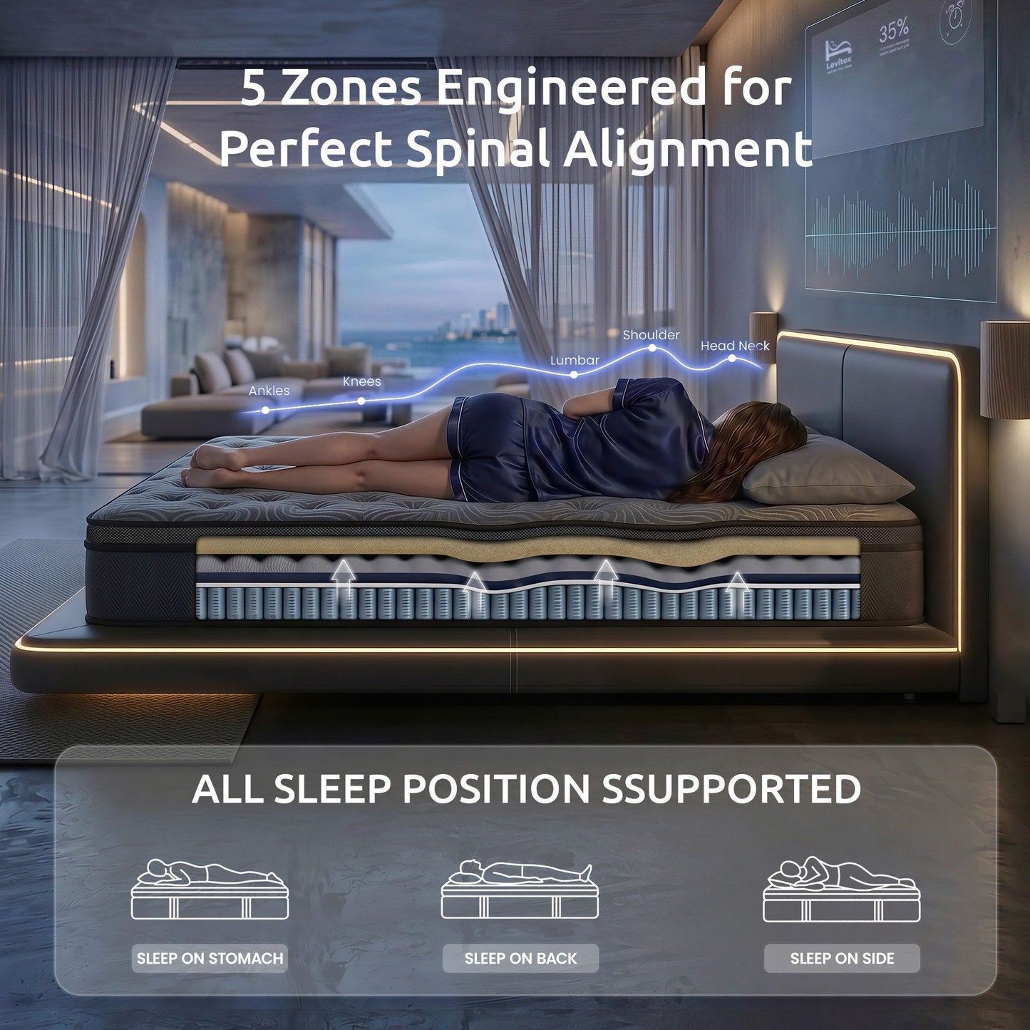 Levitex 34 cm Pocket Spring Mattress with Reinforced Edge Support & 5-Zone Pressure Relief Breathable Gel Memory Foam Hybrid Mattress for Back Pain king