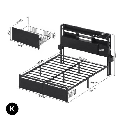 Artiss Bed Frame King with Charging Station Storage Organizer Drawers LED ZAC