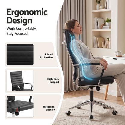 Artiss Conference Office Chair Swivel Computer Chair High Back Ribbed PU Leather Black