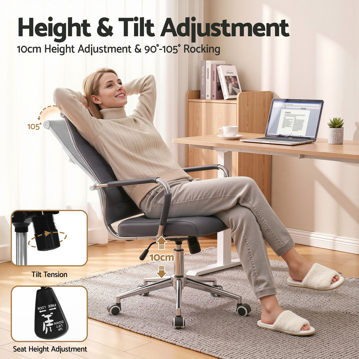 Artiss Conference Office Chair Swivel Computer Chair High Back Ribbed PU Leather Grey