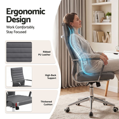 Artiss Conference Office Chair Swivel Computer Chair High Back Ribbed PU Leather Grey