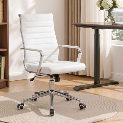 Artiss Conference Office Chair Swivel Computer Chair High Back Ribbed PU Leather White