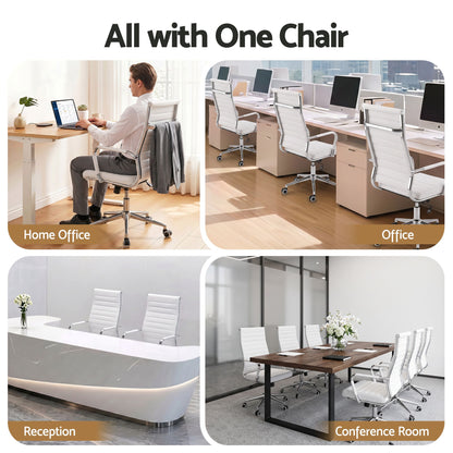 Artiss Conference Office Chair Swivel Computer Chair High Back Ribbed PU Leather White