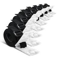 A set of black nylon straps, buckles, and clips arranged in rows, presumably for attaching a pool cover to a roller.