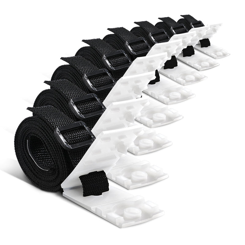 A set of black nylon straps, buckles, and clips arranged in rows, presumably for attaching a pool cover to a roller.