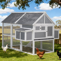 i.Pet Chicken Coop Large Outdoor Rabbit Hutch Chook House Hatch Box With Run Grey White