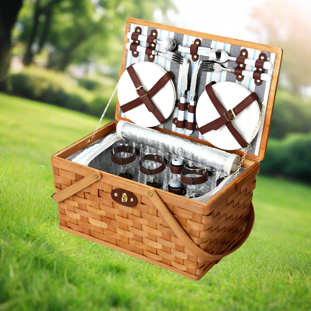 Alfresco 4 Person Picnic Basket Set Wooden Blanket Bag Insulated