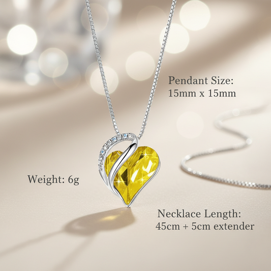 Silver Plated Infinity Love Heart Pendant With Birthstone Crystals Jewelry Gifts for Wife Necklaces for Women (Light Yellow Greenish Yellow)