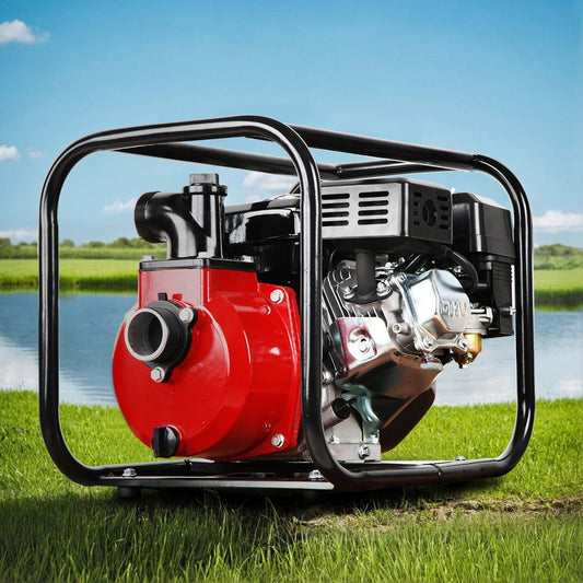 Giantz Petrol Water Pump 7HP Max, 2" High Flow 4-Stroke Engine Transfer Fire Fighting Pumps Rain Tank Oil Irrigation Garden Farm Pond Outdoor Irrigations, w Hose Fittings Inlet Filter Rubber Feet Red