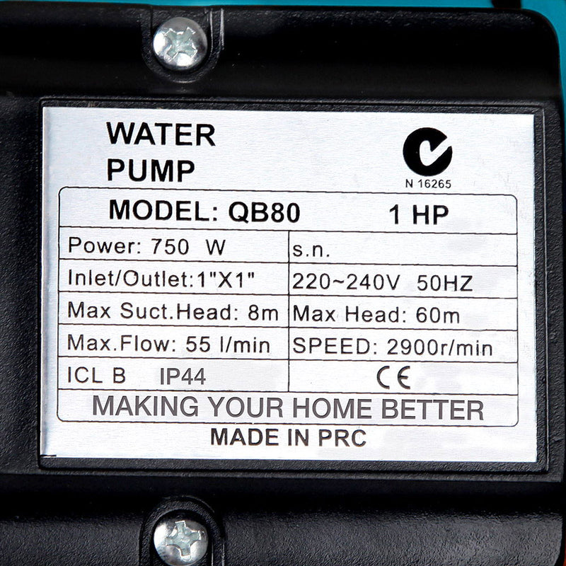 Giantz Peripheral Water Pump Garden Boiler Car Wash Auto Irrigation QB80 Yellow