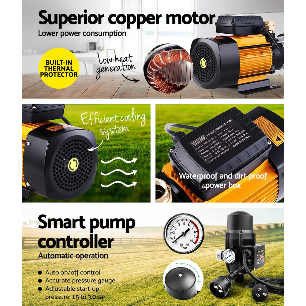 Giantz Garden Water Pump High Pressure 2000W Max 5-Stage Tank Irrigation Transfer Booster Pump Black