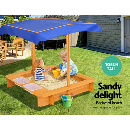 Keezi Kids Sandpit Wooden Sandbox Sand Pit with Canopy Water Basin Toys 103cm