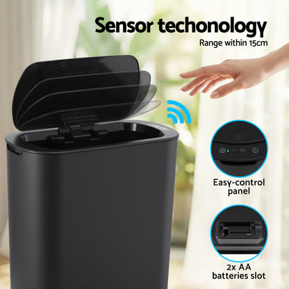 Devanti Automatic Trash Bin with Lid 25L Motion Sensor Kitchen Bin Touchless Garbage Can Plastic Slim Rubbish Bin with Liner Holder for Kitchen, Home, Office, Black