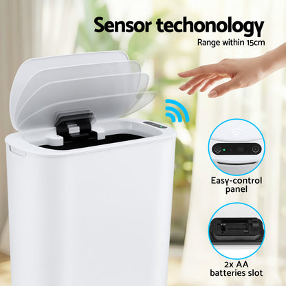 Devanti Automatic Trash Bin with Lid 25L Motion Sensor Kitchen Bin Touchless Garbage Can Plastic Slim Rubbish Bin with Liner Holder for Kitchen, Home, Office, White