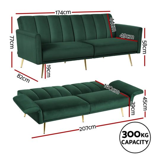 Artiss Sofa Bed 3 Seater Couch Convertible Lounge Adjustable Arm Recliner Velvet