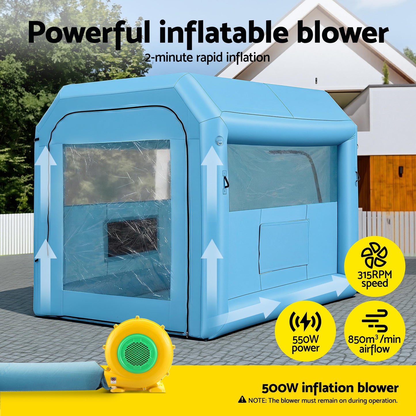 Giantz Inflatable Paint Booth 2.5X2.5X3M Inflatable Spray Booth with 550W Powerful Blower and Air Filter System, Round Roof with Light Hook, for Painting Bicycle, Motorcycle, Furniture Refinishing DIY