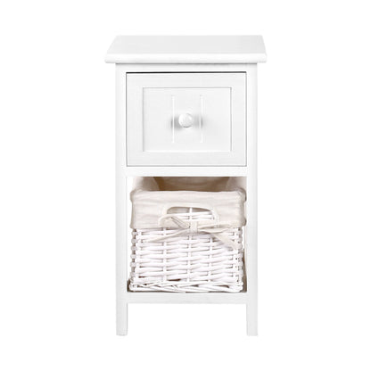 Artiss Bedside Table 1 Drawer with Basket Rustic White X2